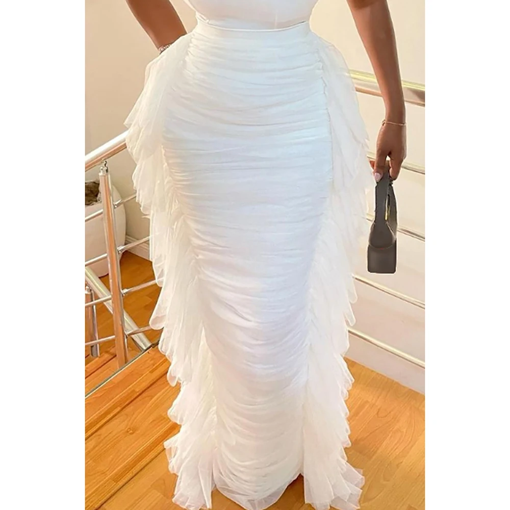 Plus Size White Daily Side Tulle Ruffles Fold Skirts