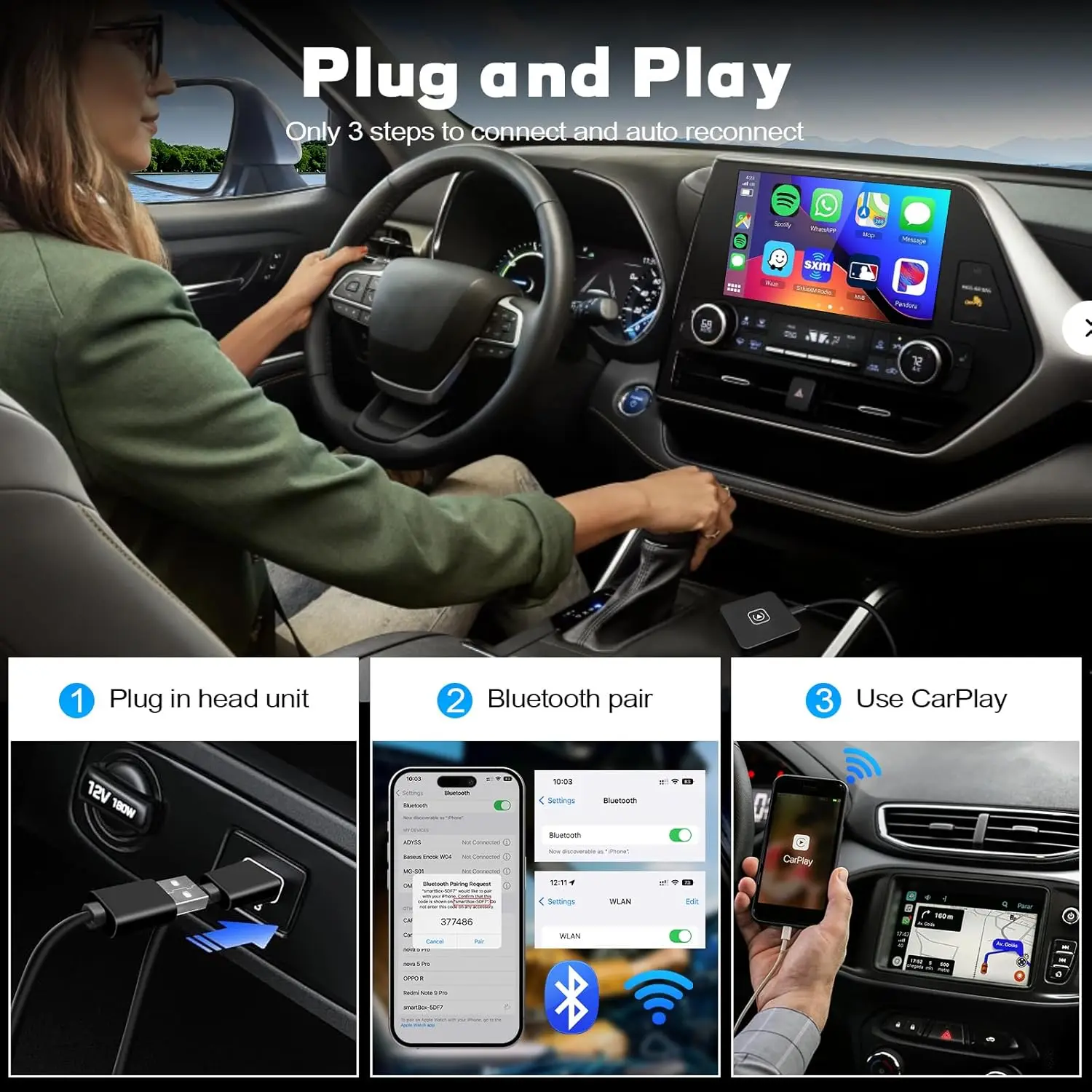 Adaptateur CarPlay sans fil pour iPhone iOS 10 +, Abrts Factory Wired to Wireless, USB Plug Play, Car Play