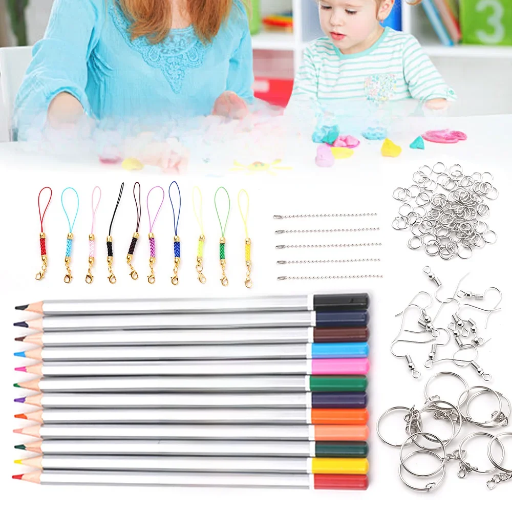 Ensemble de feuilles de papier thermorétractables, 145/198/245 pièces, Film d'art rétractable, poinçon, porte-clés, boucles d'oreilles, crayons, Kit de bricolage, fournitures de dessin