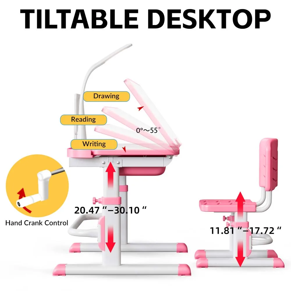 Kids Study Desk Adjustable Height Drafting Table with Chair Tilt Desktop LED Lamp Multi-Function Tables and Chairs for Children