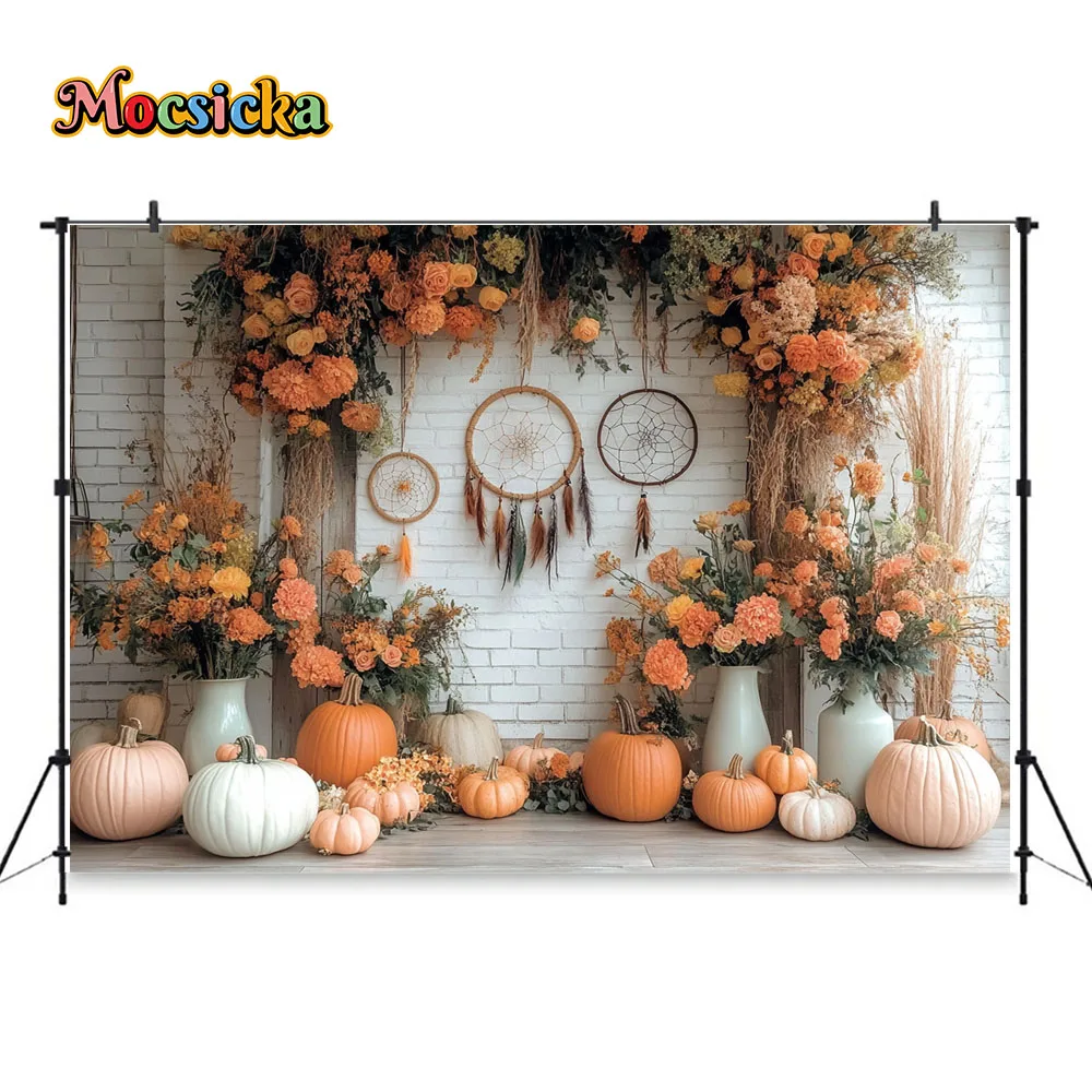 Autumn Pumpkin Background Photography for Baby Maternity Photos Boho Dreamcatcher Floral Brick Wall Backdrop Newborn Photocall