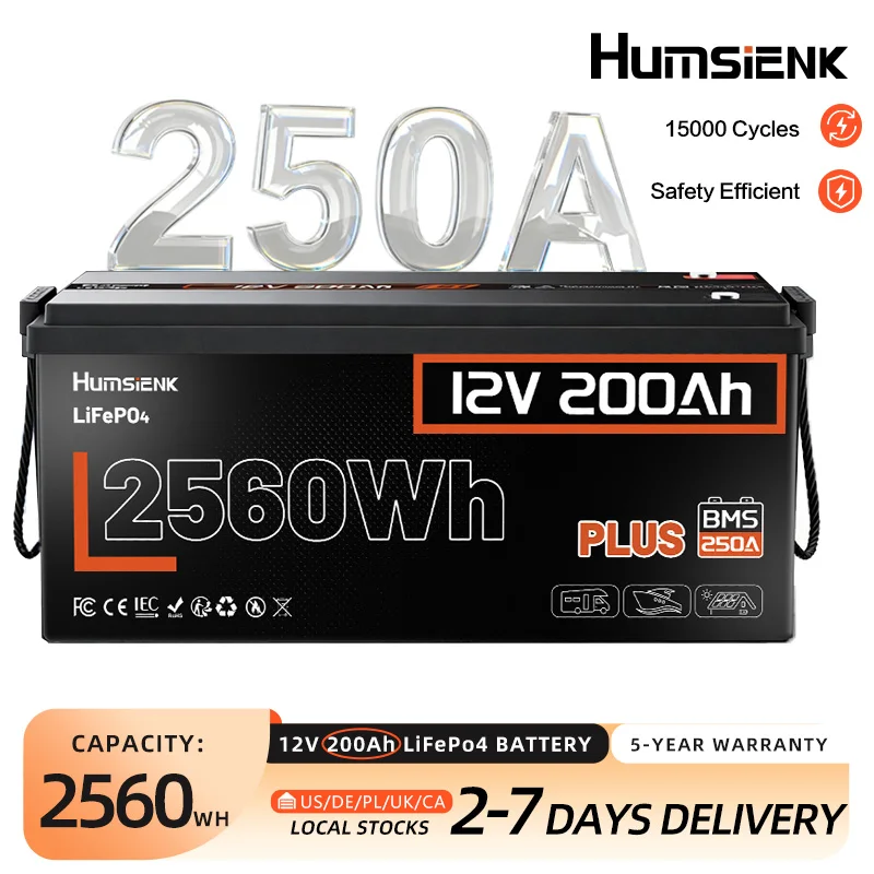 Humsienk 12V 200Ah Rechargeable LiFePO4 Battery Pack 250A BMS 15000 Cycle 2560Wh For RV/Camp/Golf Cart/Fisn/Home Energy Storage