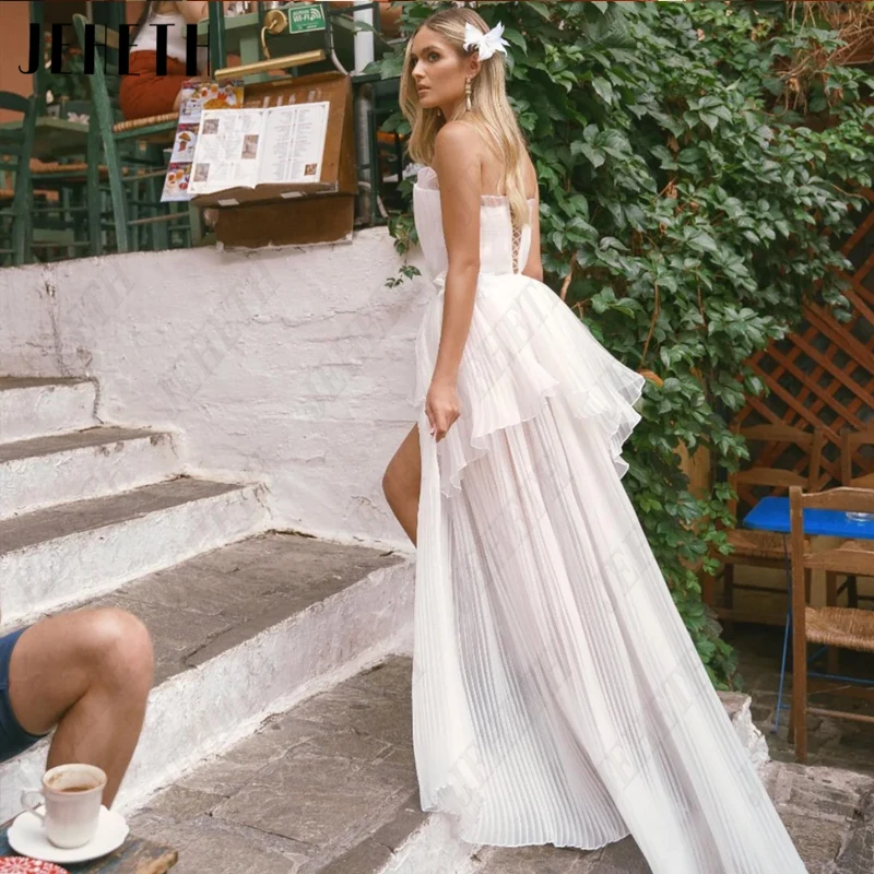 JEHETH abito da sposa senza spalline in Chiffon per donna abito da sposa principessa senza maniche con pieghe BOHO Side Split Vestidos De Novia a-line abito da sposa senza spalline in Chiffon per donna abito da sposa p