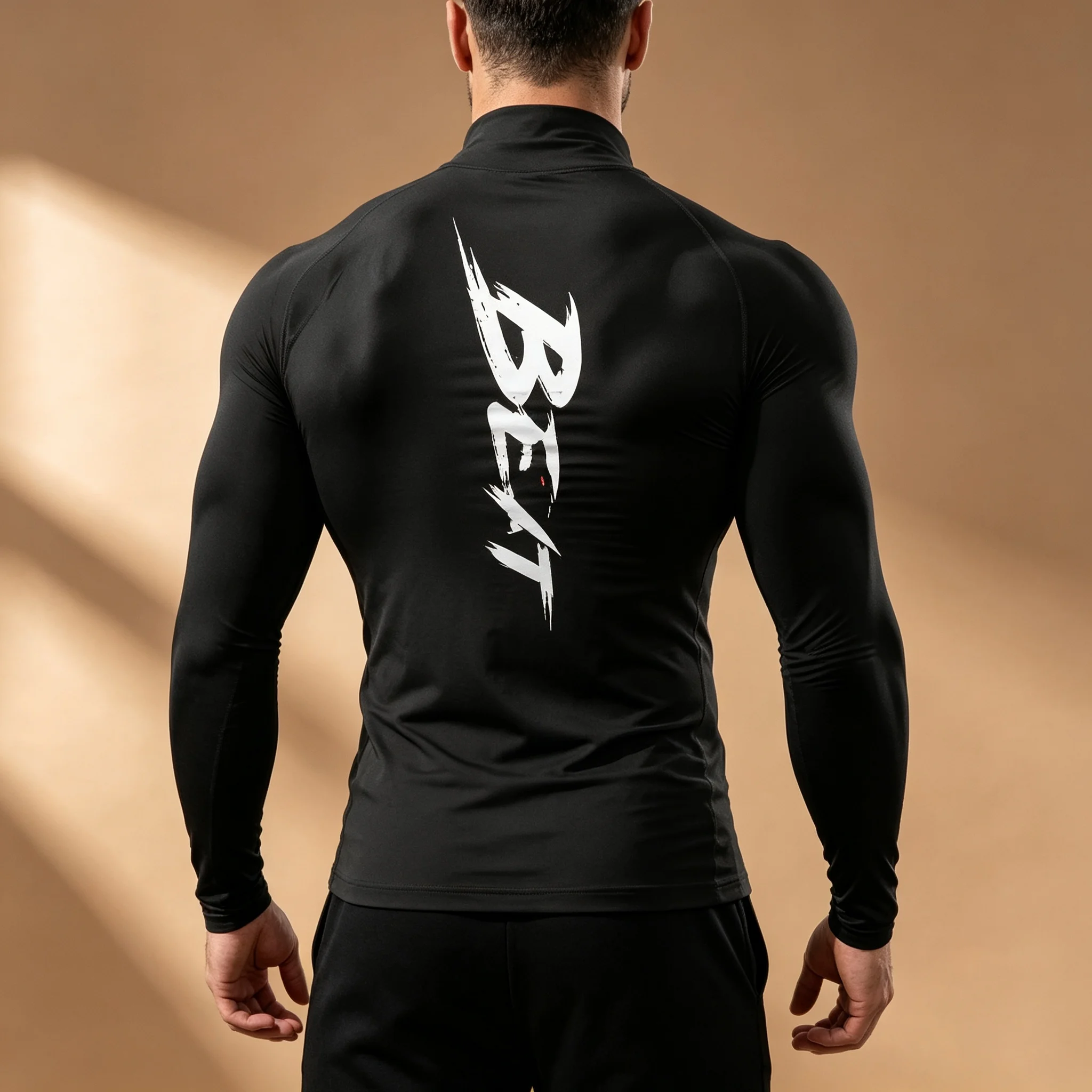 Men High Neck Compression Shirt Wolf Head Graphic Print Long Sleeve Slim Fit Gym Workout Base Layer Quick Dry Sports Fitness