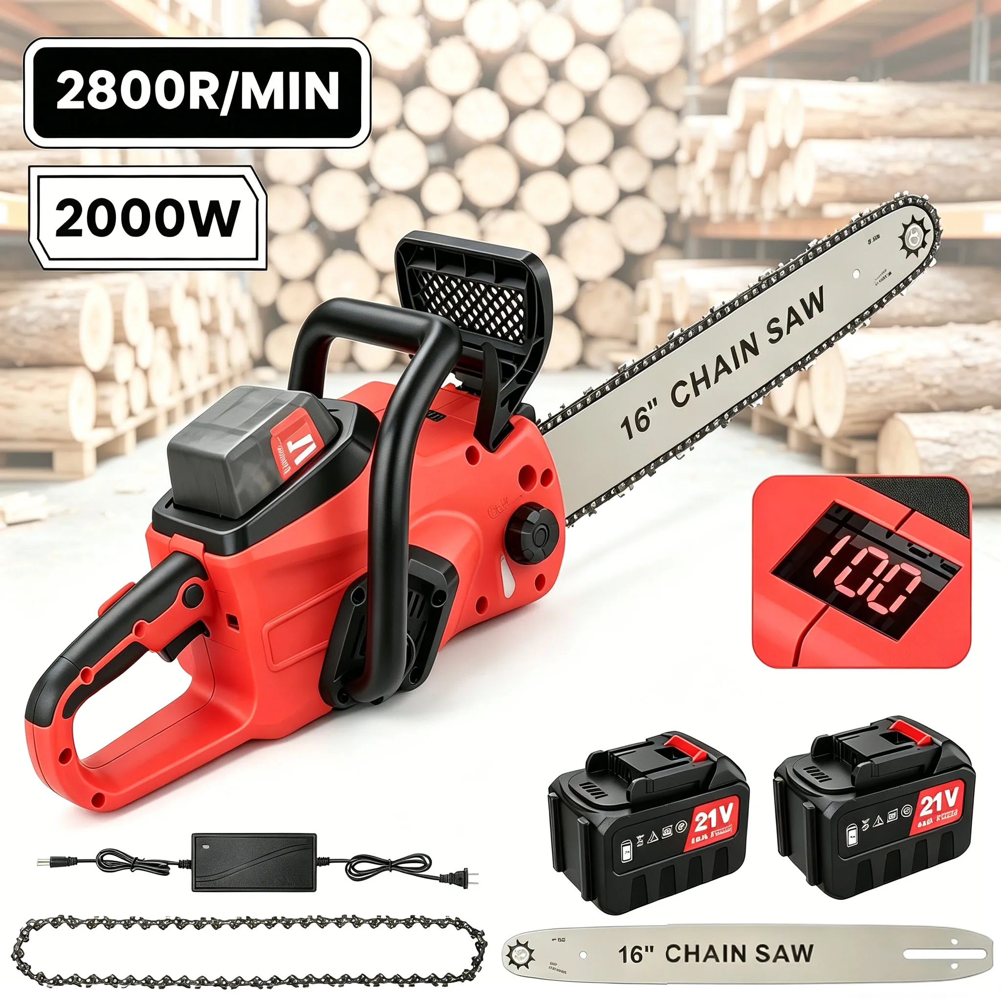 Motosierra Eléctrica sin Escobillas de 2000W, 16 Pulgadas, Recargable, de Litio, Portátil, para Trabajos de Madera y Tala