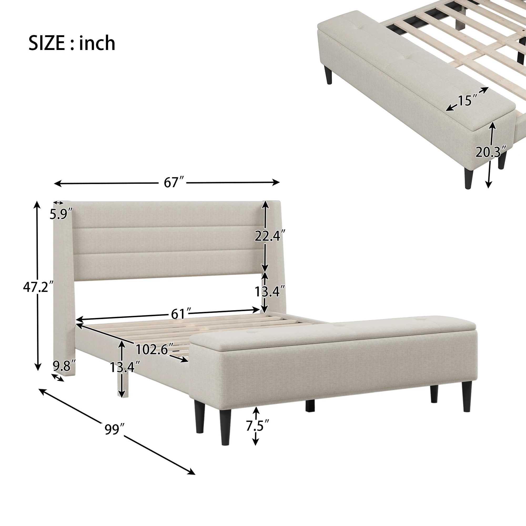 [Flash Sale]Queen Size Upholstered Storage Bed Frame with Storage Ottoman Bench No Box Spring Needed Gray/Beige[US-W]