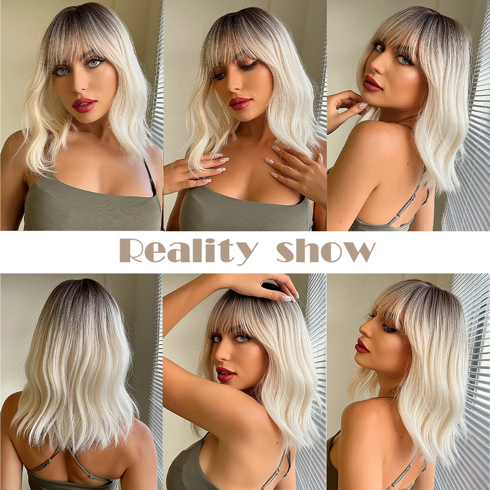 Ombre Brown syntetyczne blond peruki krótkie faliste Bob peruka dla kobiet z Bangs ciało fala Cosplay Lolita naturalne włosy żaroodporne