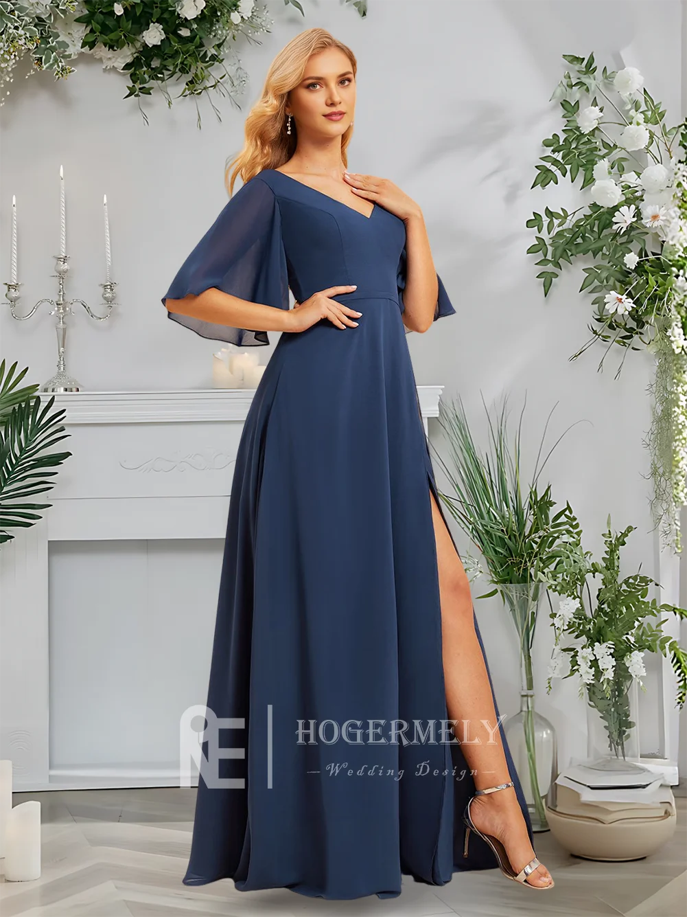 高級ネイビーブルー A ライン V ネック床長さのシフォンブライドメイドドレス半袖結婚式のゲストカクテルパーティー女性 2025 ​