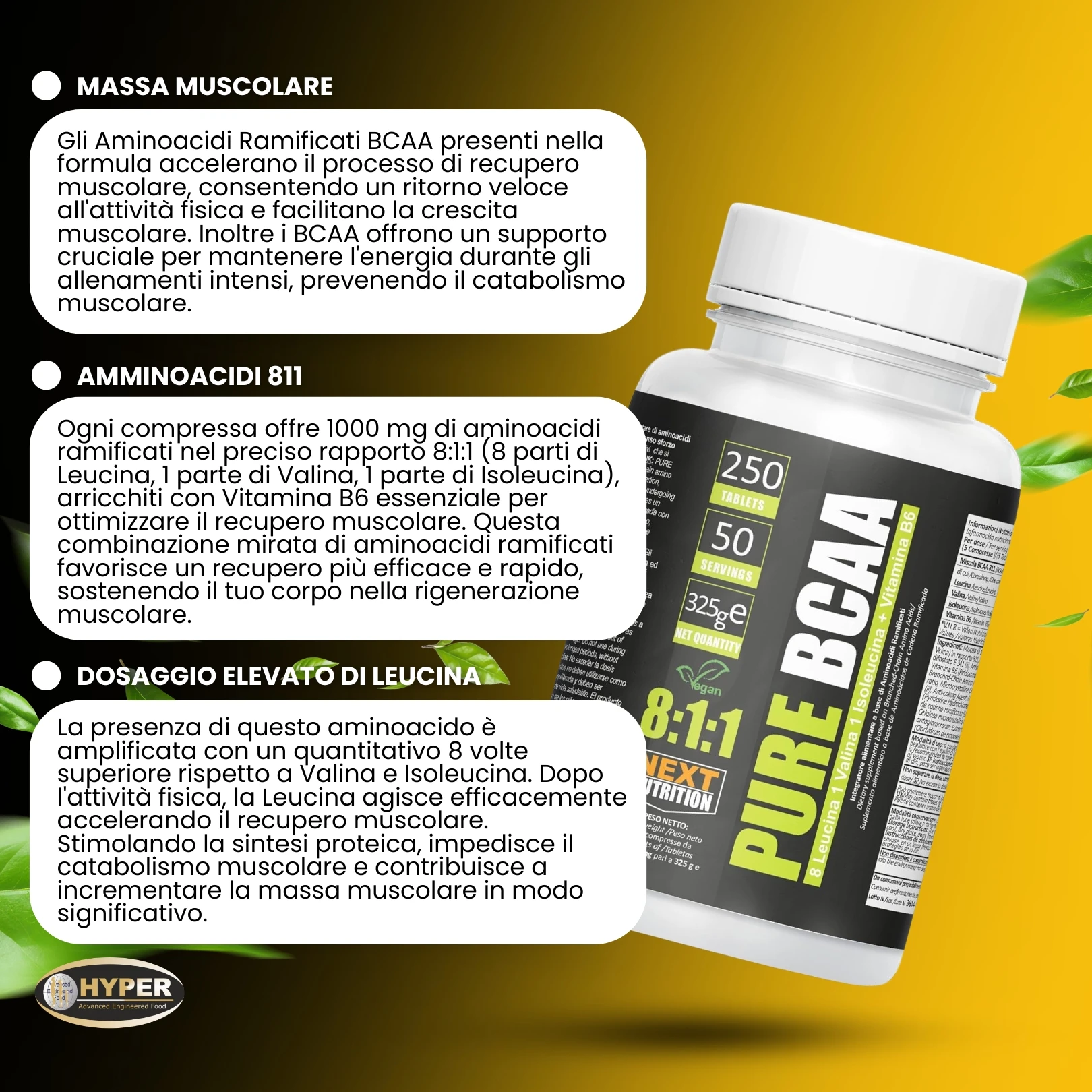 Next Nutrition BCAA 8:1:1 الأحماض الأمينية المفرعة 1000 مجم - زيادة كتلة العضلات والتعافي السريع - تمرين ما قبل التمارين الرياضية - 250 أقراص خالية من اللاكتوز مع مكمل فيتامين B6 النباتي في إيطاليا