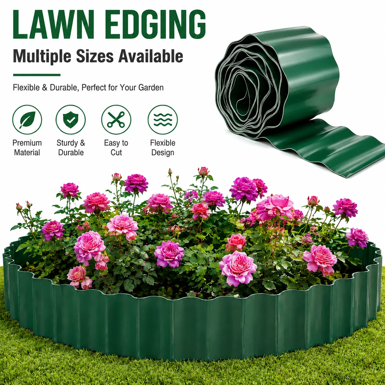1Roll Landscape Edging Plastic Lawn Edging Corrugated Garden Border Flower Bed Fence for Lawn Vegetable Garden DIY