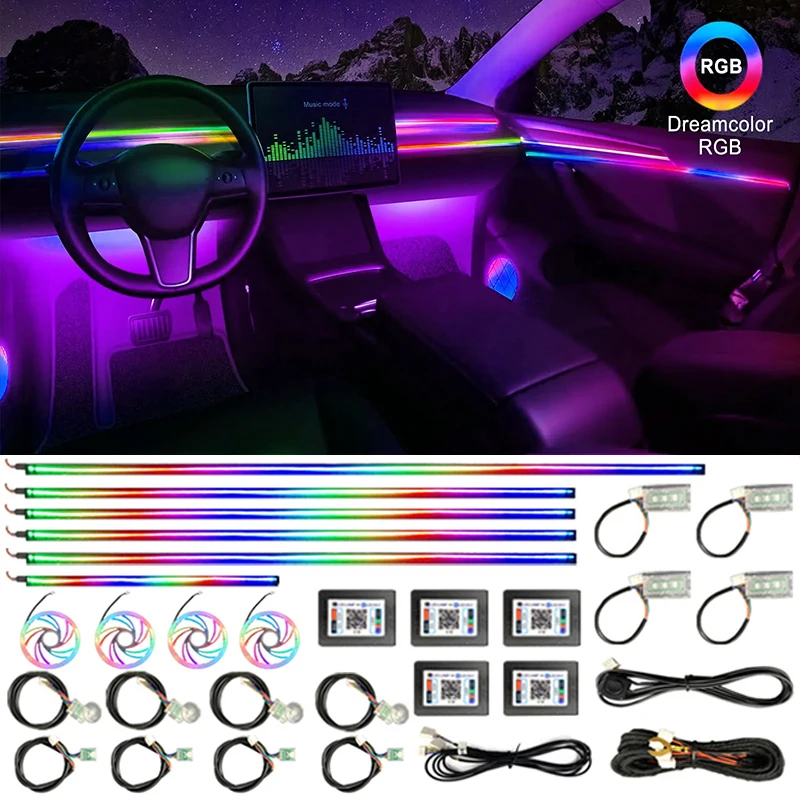 

Car Ambient Acrylic Lights Colorful 64 RGB LED Auto Interior Accessories Lamp Strips App Remote Control Atmosphere Light 22in1