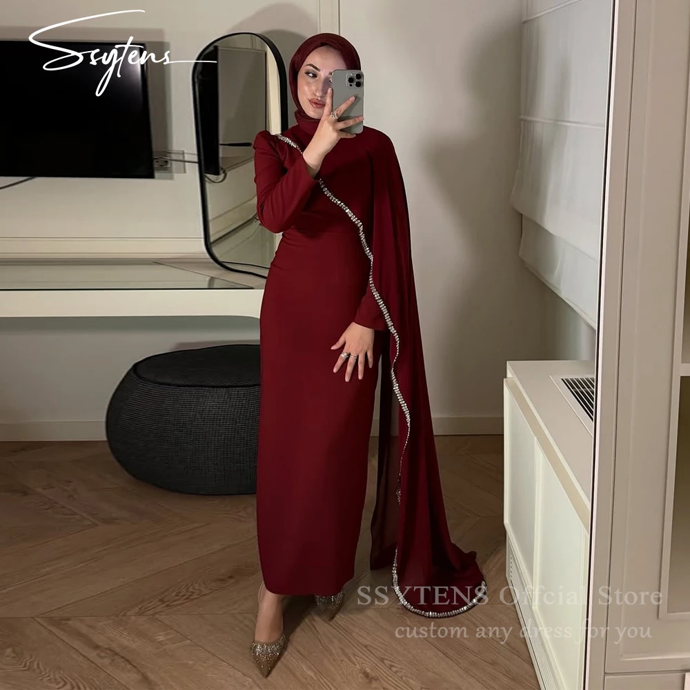 

SSYTENS Burgundy Crepe Evening Dresses Women Long Sleeves O-Neck Prom Dresses Formal Occasion Luxury Dubai Prom Gowns Customize