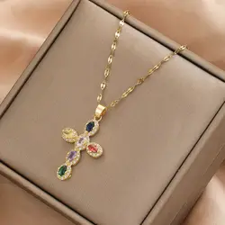 Fashion Personality 1 Piece Necklace Elegant Women's Micro Inlaid Colorful Round Zircon Cross Necklace