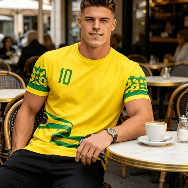 Herren Brasilien Nummer 10 Fußball T-Shirt Gelb-Grün Wellenmuster Kurzarm O-Ausschnitt Nationalmannschaft Fußball-Fan Lässiges Sport-T-Shirt