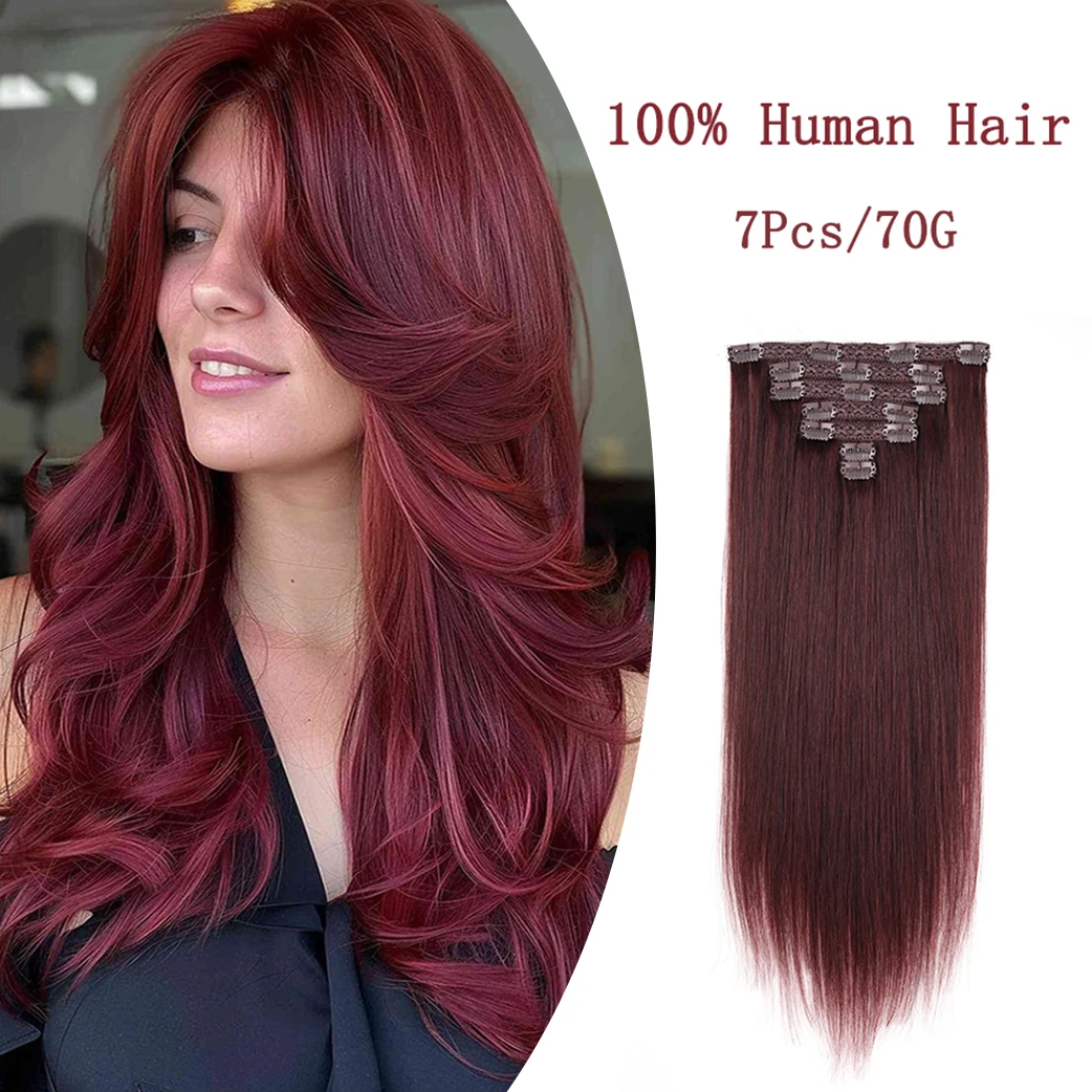 Wine Red Clip in Hair Extensions 100% Real Human Hair Burgundy Natural Hair Extension Remy Hair Soft No Tangling Hair Extensions