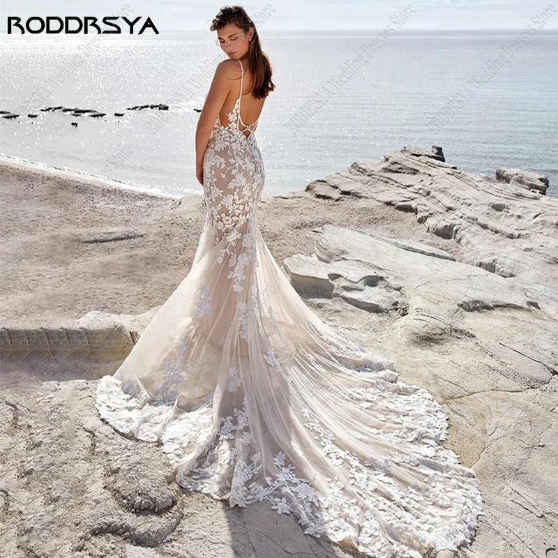 Rodddrsya plaża syrenka suknia ślubna dla kobiet paski Spaghetti aplikacje koronki Sweep pociąg Backless suknie ślubne Custom Made