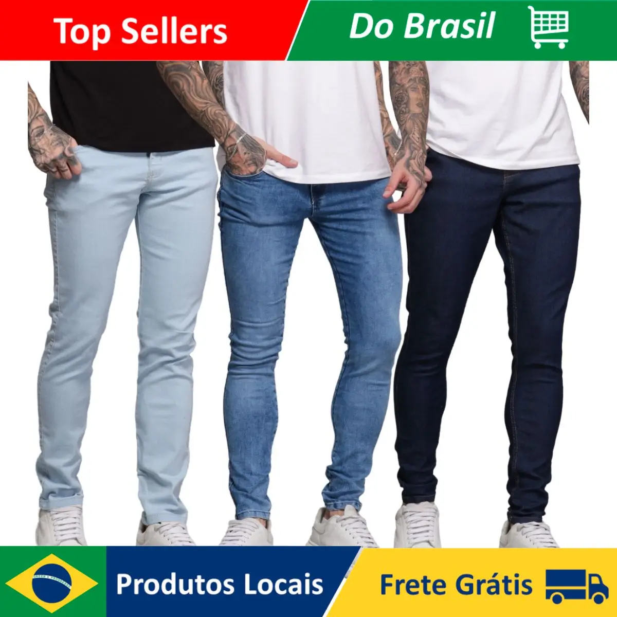 Kit 3 Calças Jeans Masculina Skinny Clara Marmorizada Escura Tendência