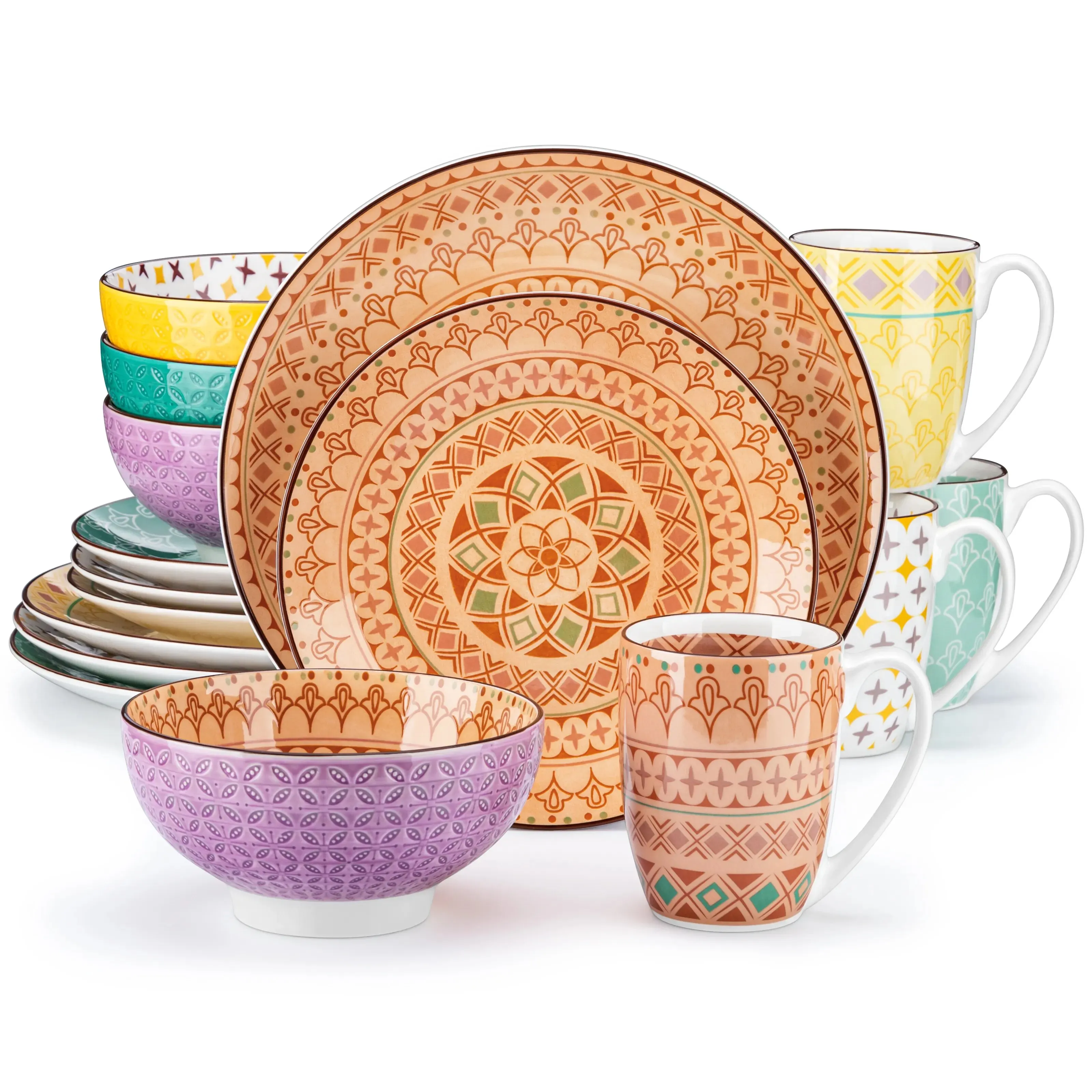 Vancasso Tulip 16/32-Piece 4-Color 4-Design Porcelain Dinnerware Set Plate Set with Dinner Plate,Dessert Plate,Bowl,Mug Set