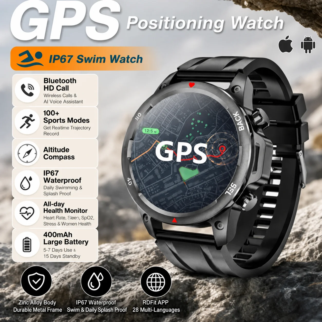 Militärische Smartwatch für Herren, Bluetooth-Anruf, 100+ Sportmodi, IP67, wasserdicht, Fitness-Tracker, Herzfrequenz- und Schlafüberwachung, Smartwatch für Android IOS