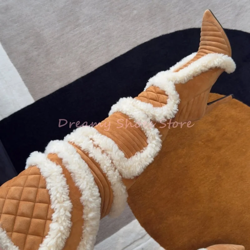 

Plush Patchwork Back Zipper Over The Knee Boots Women Suede Pointed Toe Stiletto Long Boots Fashion Trendy Party Ladies Shoes