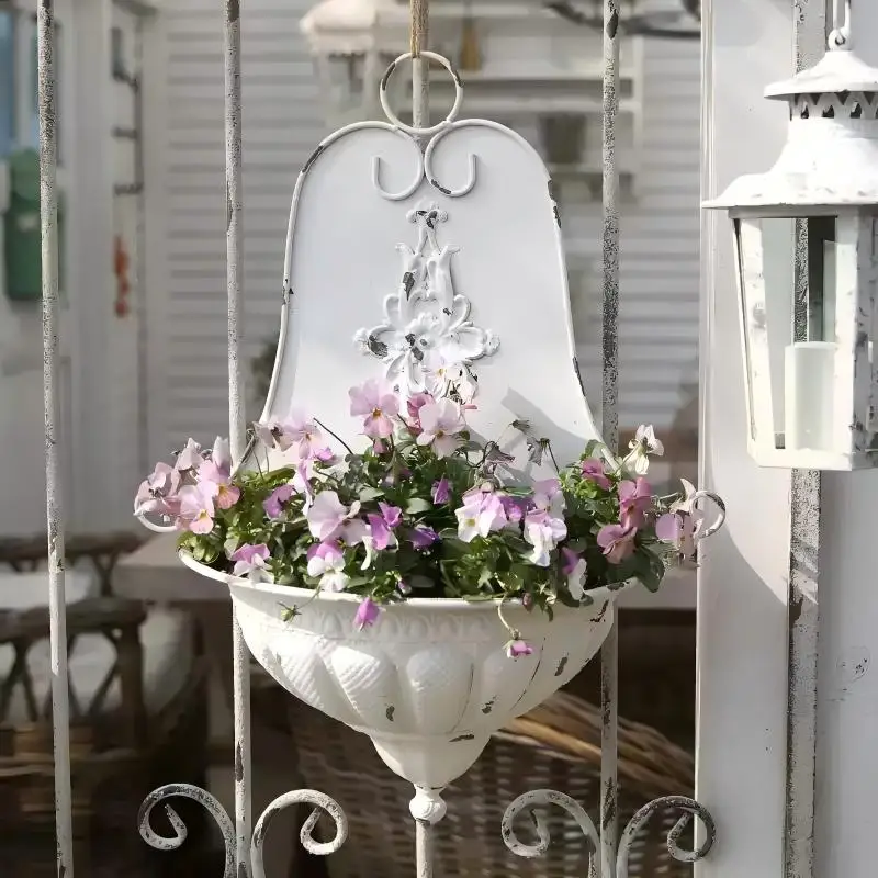 Vintage White Metal Wall Planter, French Country Hanging Flower Basket, Distressed Iron Wall Pocket for Garden Patio Decor