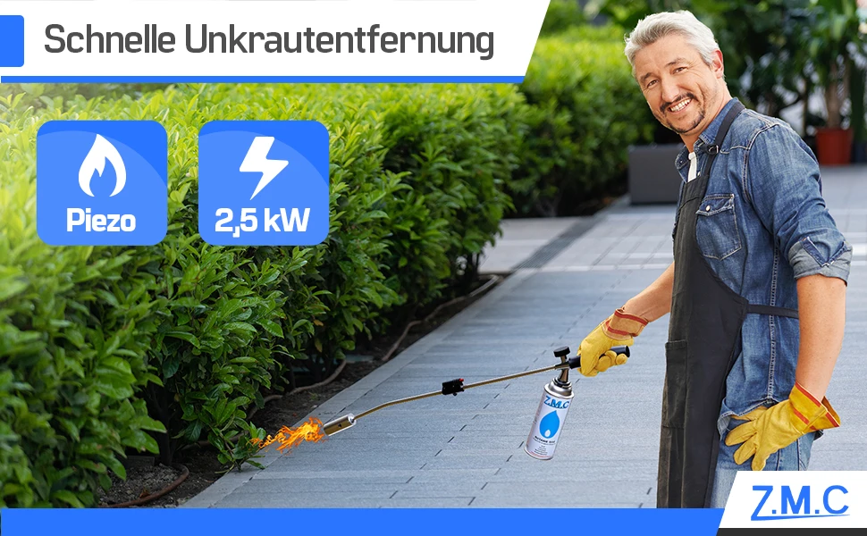 ZMC Unkrautbrenner 2,5 kW mit Piezo-Zündung, Abflammgerät & Unkrautvernichter bis 1400 °C, geeignet für Garten, Hof und Gehwege, inklusive 4x 227g Gaskartuschen für flexiblen Einsatz – Detail 1