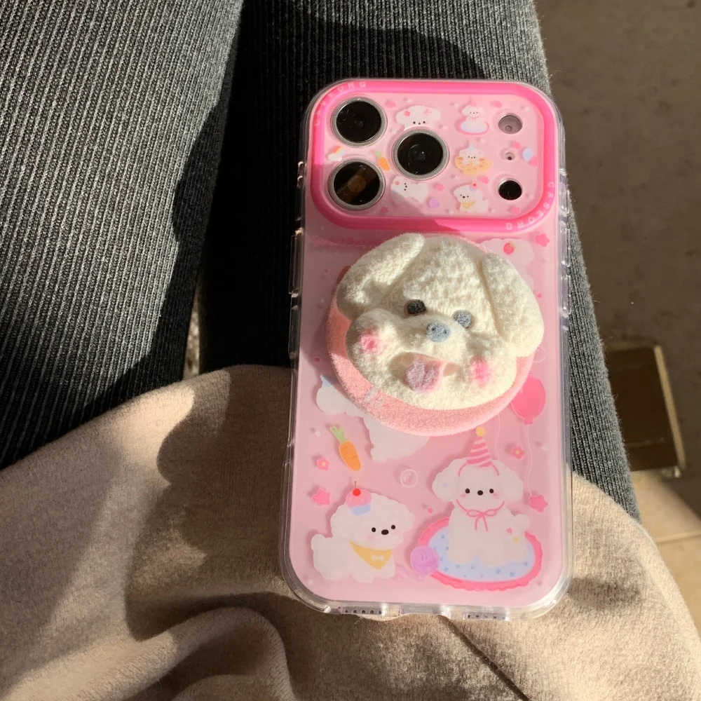 

Cute cartoon pink puppy with for magsafe holder phone case for iPhone 17 16 ProMax 15 Pro fundas new shockproof protective cover