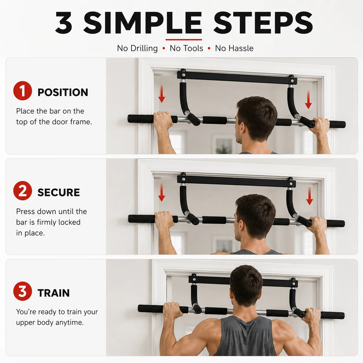 Doorway Pull Up Bar No Drilling Over Door Chin Up Bar Upper Body Workout Home Gym Equipment with Sponge Handle Hanging Exercises for Fitness Training at Home Heavy Duty Steel 100kg Capacity view 5