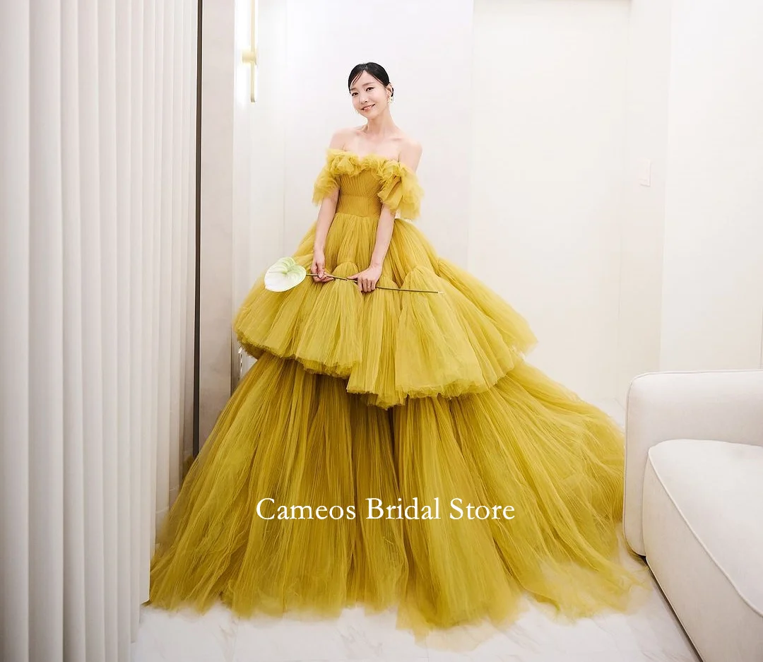 SONDR Off Shoulder Party Korea Evening Dress Customized Formal Prom Dress Tulle Tiered Short Sleeves Evening Gown Bridal