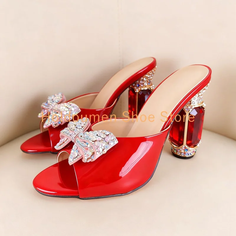 

Luxury Diamond Encrusted Bow Clasp Decor Fashion Mule Slippers Sexy Peep Toe Slip On Slippers Ornate Gemstone Heel Dress Shoes
