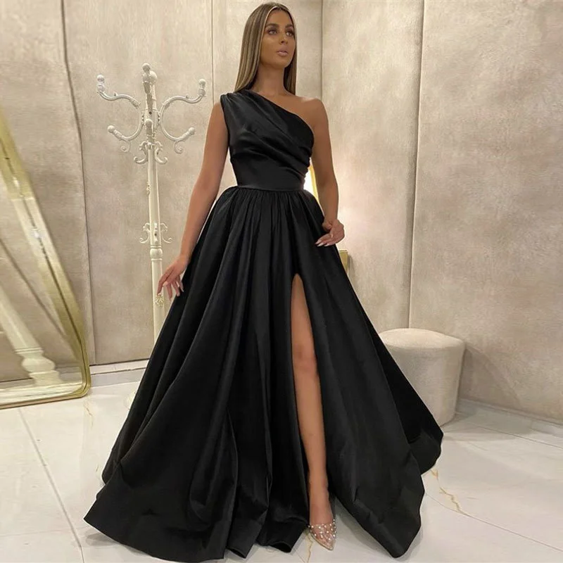 Satin One Shoulder Pleated Corset Prom Dresses With Split Sleeveless Backless Ruched Evening Gowns A-line Long Formal Ball Gowns