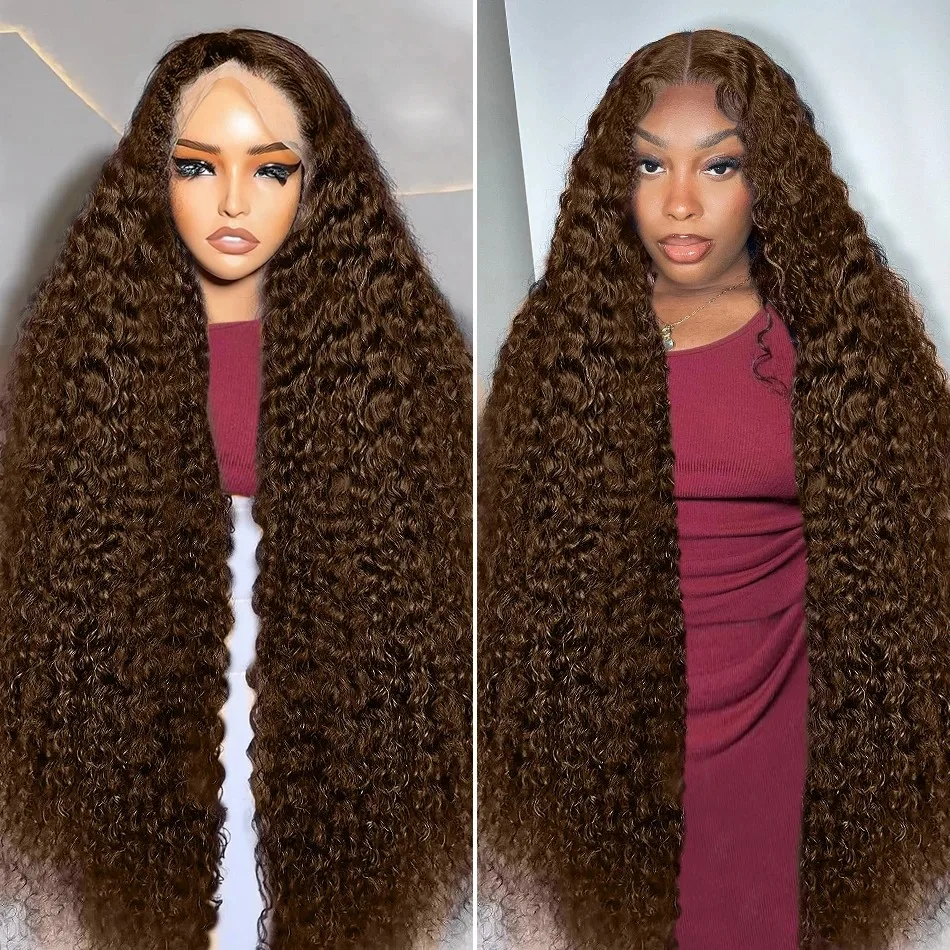 HD Chocolate Brown Deep Wave 13x5 Lace Front Wig Bleached Curly Lace Frontal Human Hair Wigs Pre Plucked Colored Wig For Women