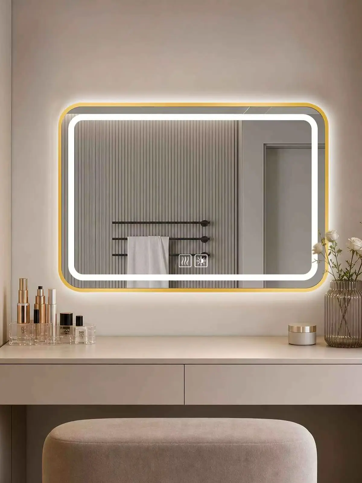 Lustro łazienkowe LED z metalową ramą, 3 kolory światła (3000K-6000K), funkcja przeciwmgielna, sterowanie dotykowe, lustro ścienne do łazienki i sypialni, dostępne w 3 rozmiarach. — 2