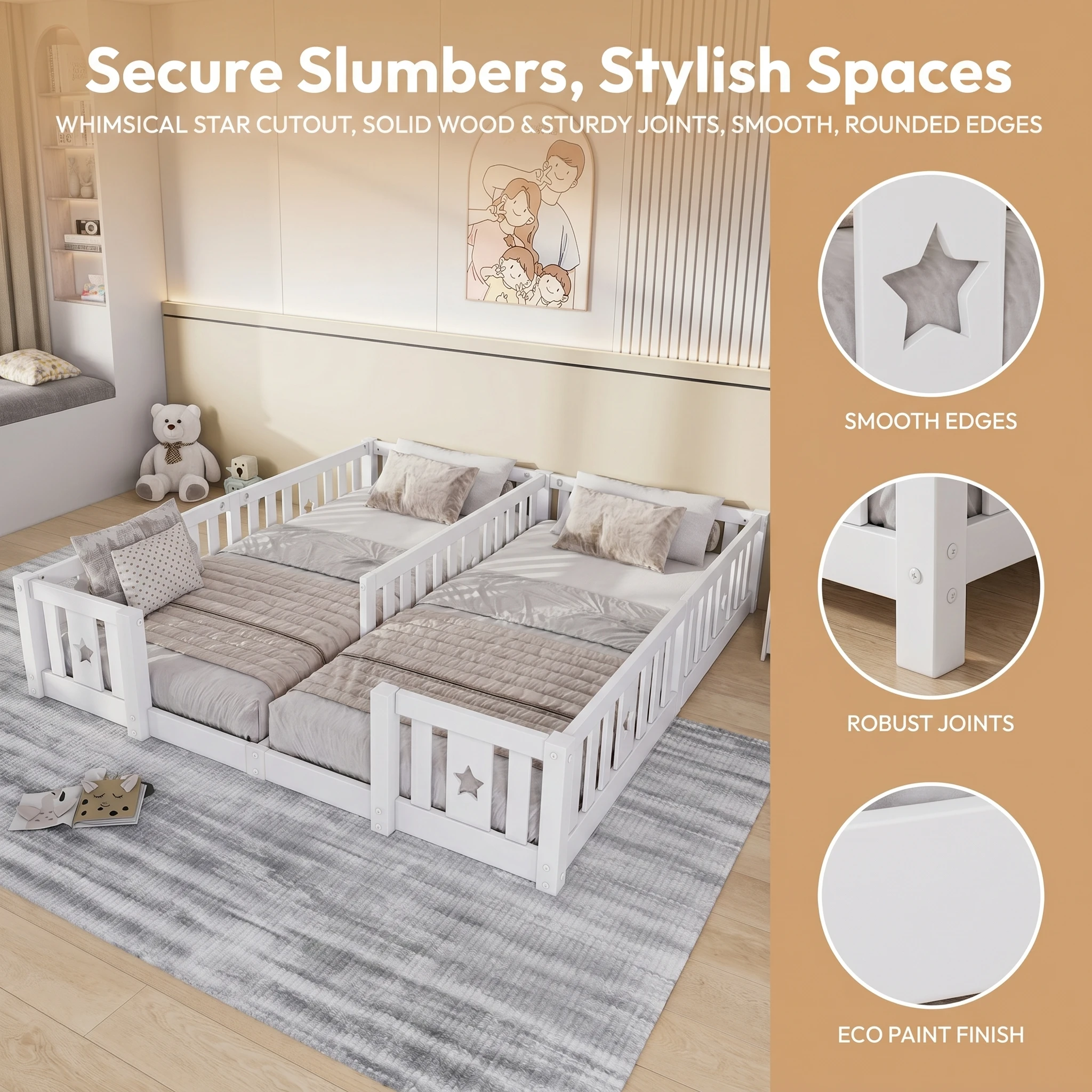 Cama de suelo para niños Superaly de 180x200 cm con barandillas, cama de suelo doble Montessori blanca con rieles con diseño de estrellas, sin somier, para dos niños, colchón no incluido, cama de suelo segura para dormitorios de niños y niñas