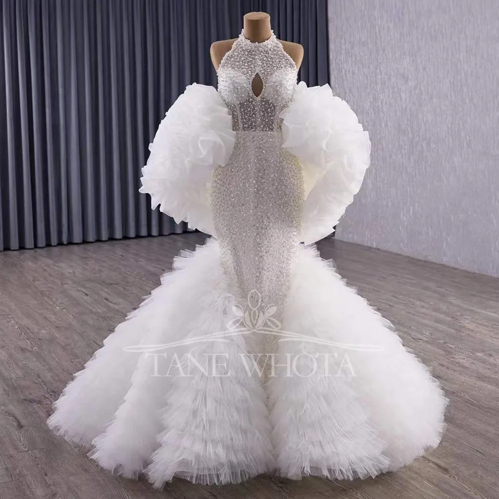 

Vestidos De Boda Para Fiestas Halter Lace Up Back Beading Pearls Sexy Mermaid Wedding Dress