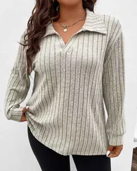 Damski Plus Size Casual T Shirt solidne prążkowane długi rękaw z kołnierzykiem z klapami lekki rozciągliwy pulower