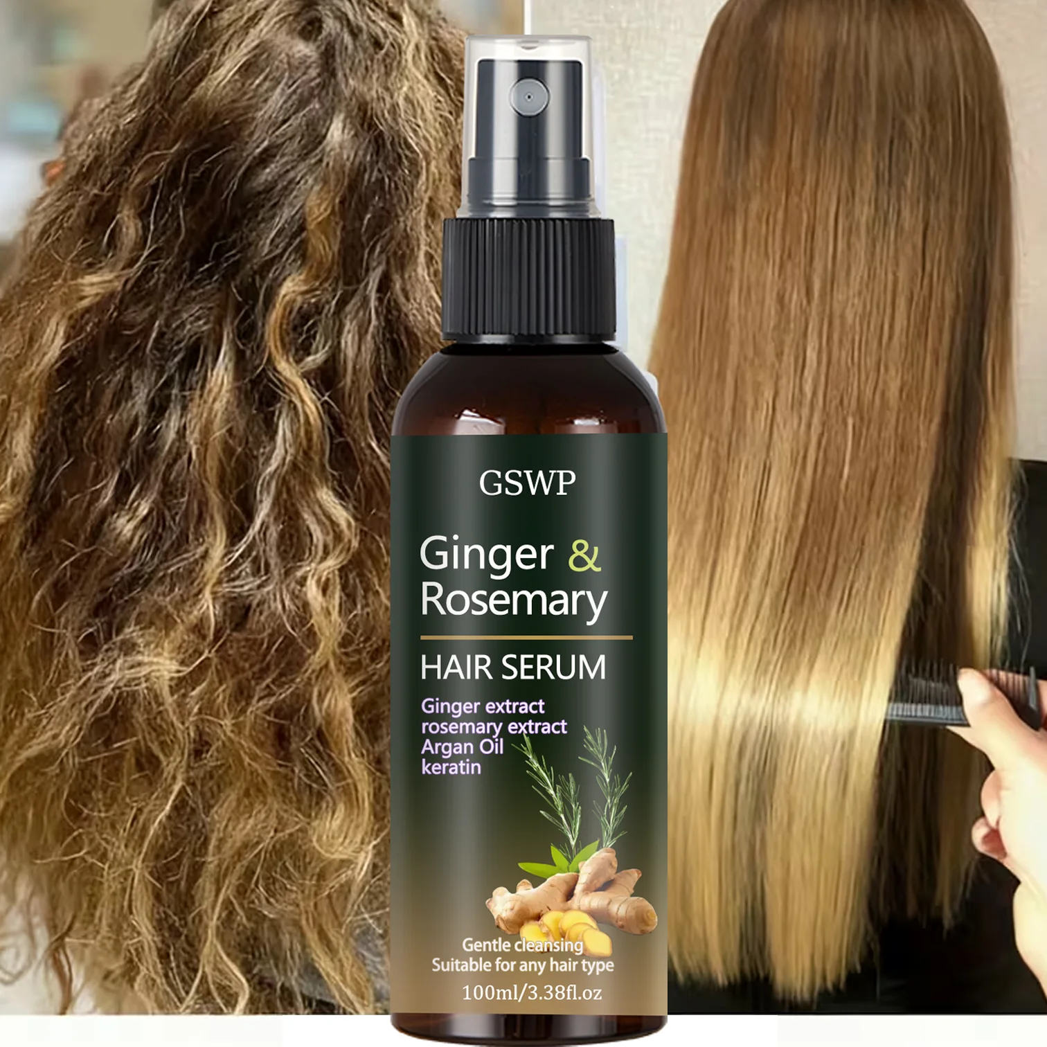 Spray acondicionador sin enjuague para el cabello con jengibre y romero, pulveriza y peina para domar instantáneamente el cabello seco. 100ml/200ml