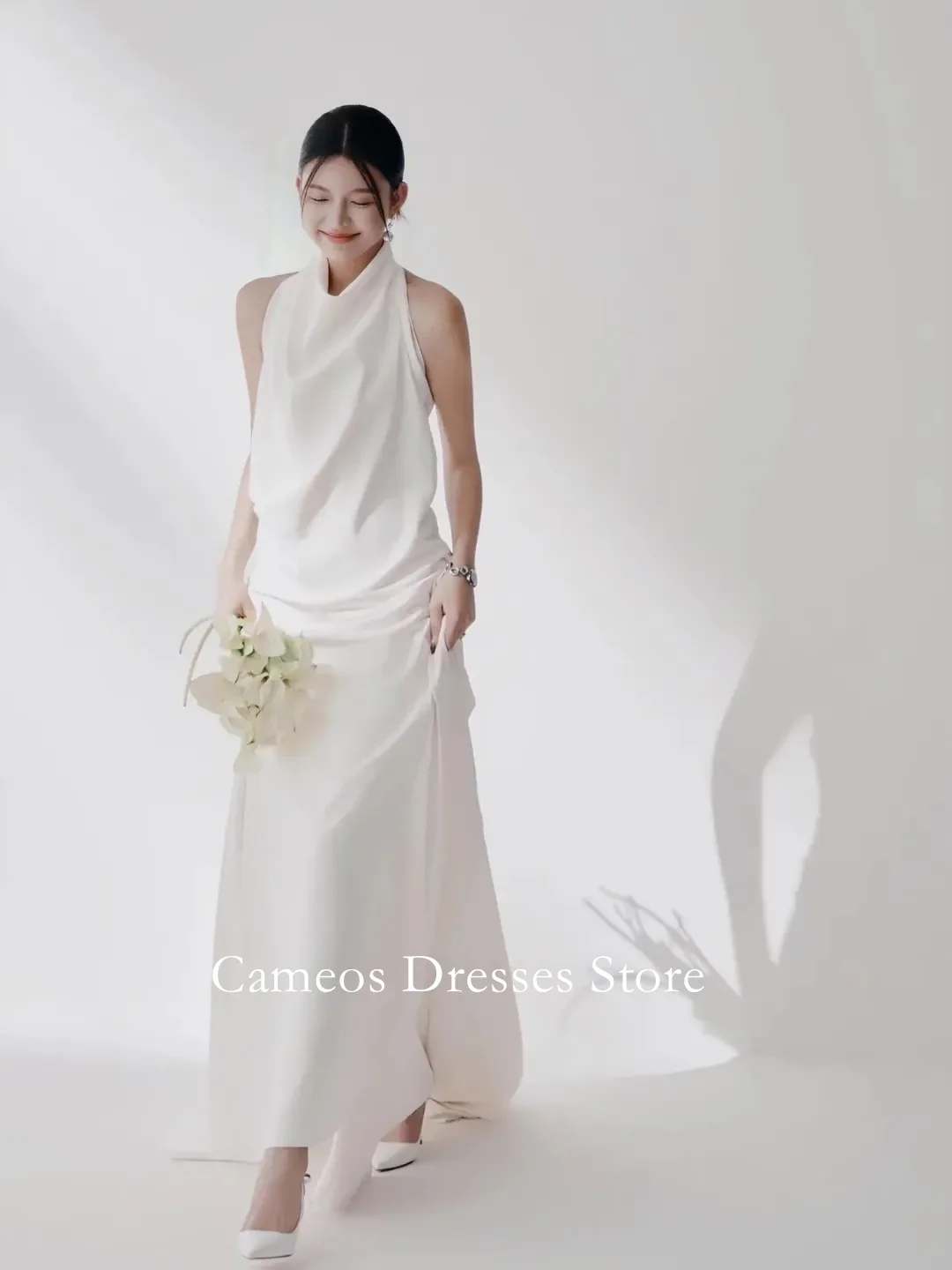 SONDR Customized High Neck Sexy Backless Sleeveless Wedding Dresses Sweep Train Ruched Ivory Brides Gowns Women Bridal Dresses