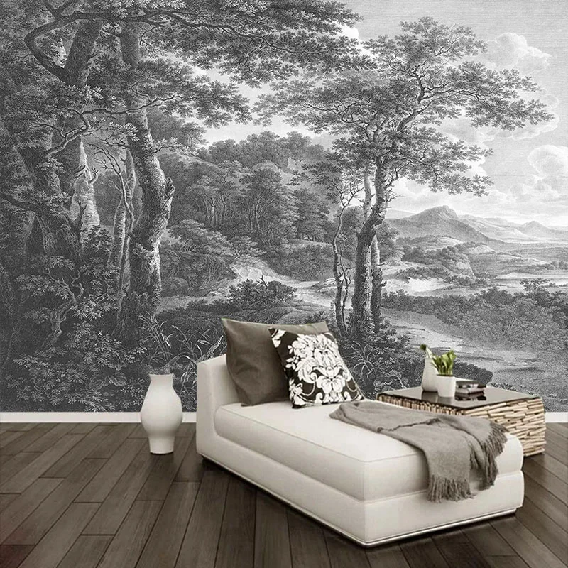 Custom Foto Behang Retro Hand Geschilderd Zwart En Wit Bos Boom Muurschildering Woonkamer Tv Sofa Slaapkamer Fresco Papel De parede - afbeelding 2