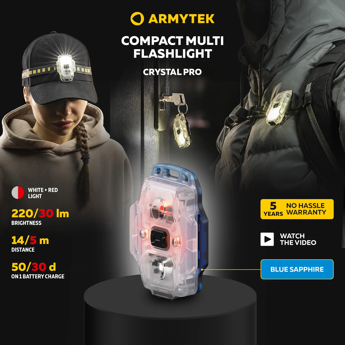 Armytek Crystal Pro Micro-USB Blue (White and red light) 220 lm/30 lm LED Keychain Flashlight