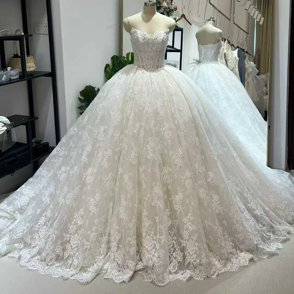 Lace Wedding Dress Sweetheart With Detachable Neckline Gloves Lace Up Back Ball Gown Vestidos Feminino Elegante