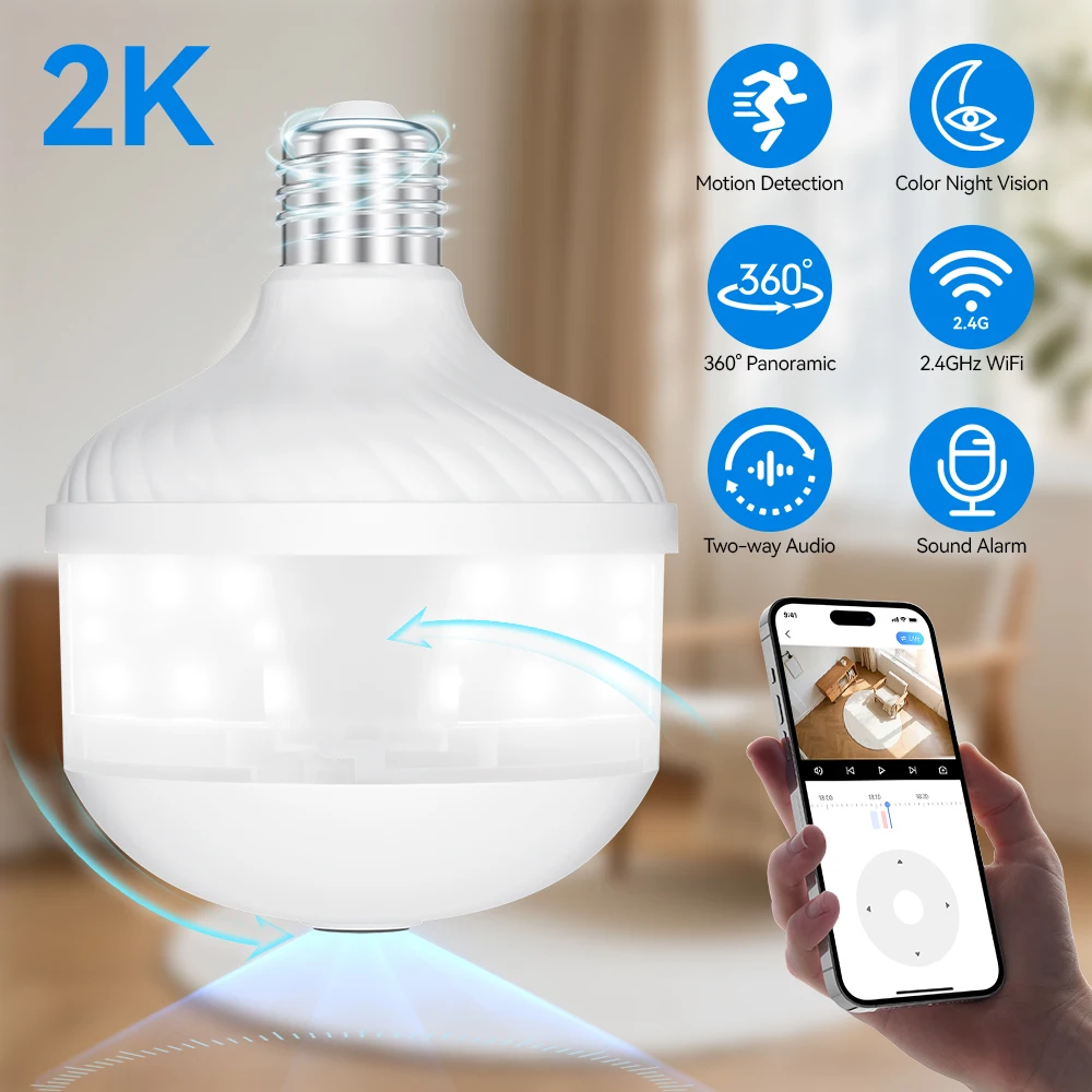 2K WiFi Home Light Bulb Camera Light Bulb Camera 360 Degree Panoramic IP Camera Full Color Night Vision