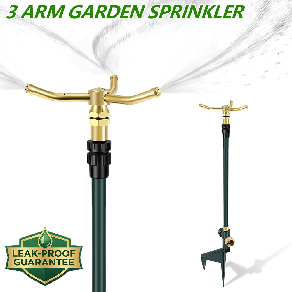 

3 Arm Garden Sprinkler Aluminum Alloy 360° Rotation Lawn Sprinkler with Spike Base 69-101 CM Adjustable Irrigation Water Device