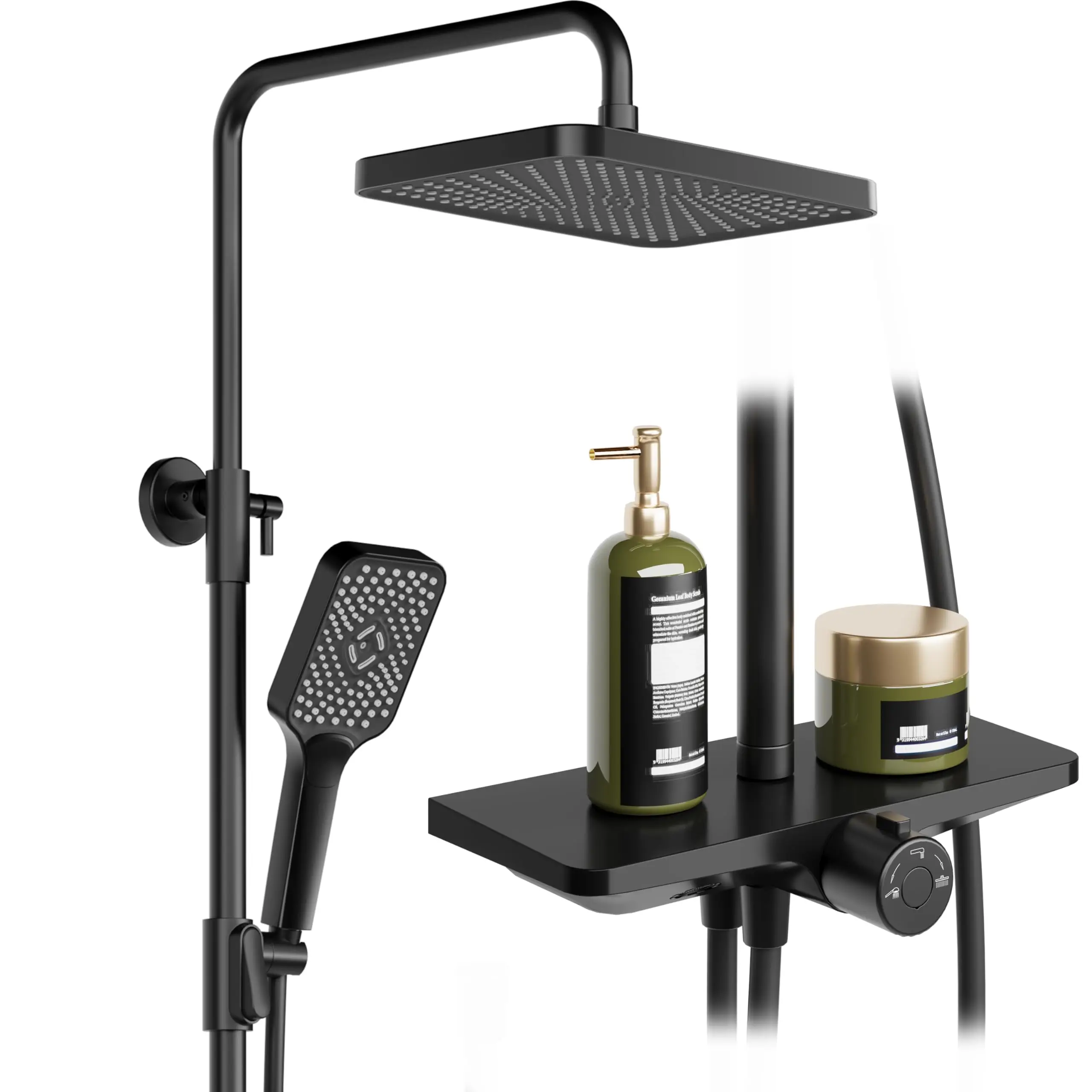 Pommeau de douche sans accessoires, avec étagère ; système de douche avec pommeau de douche en acier inoxydable ; colonne de douche réglable ; barre de douche ; ensemble de douche à jet direct ; pommeau de douche carré 30x20,5 cm, couleur noire