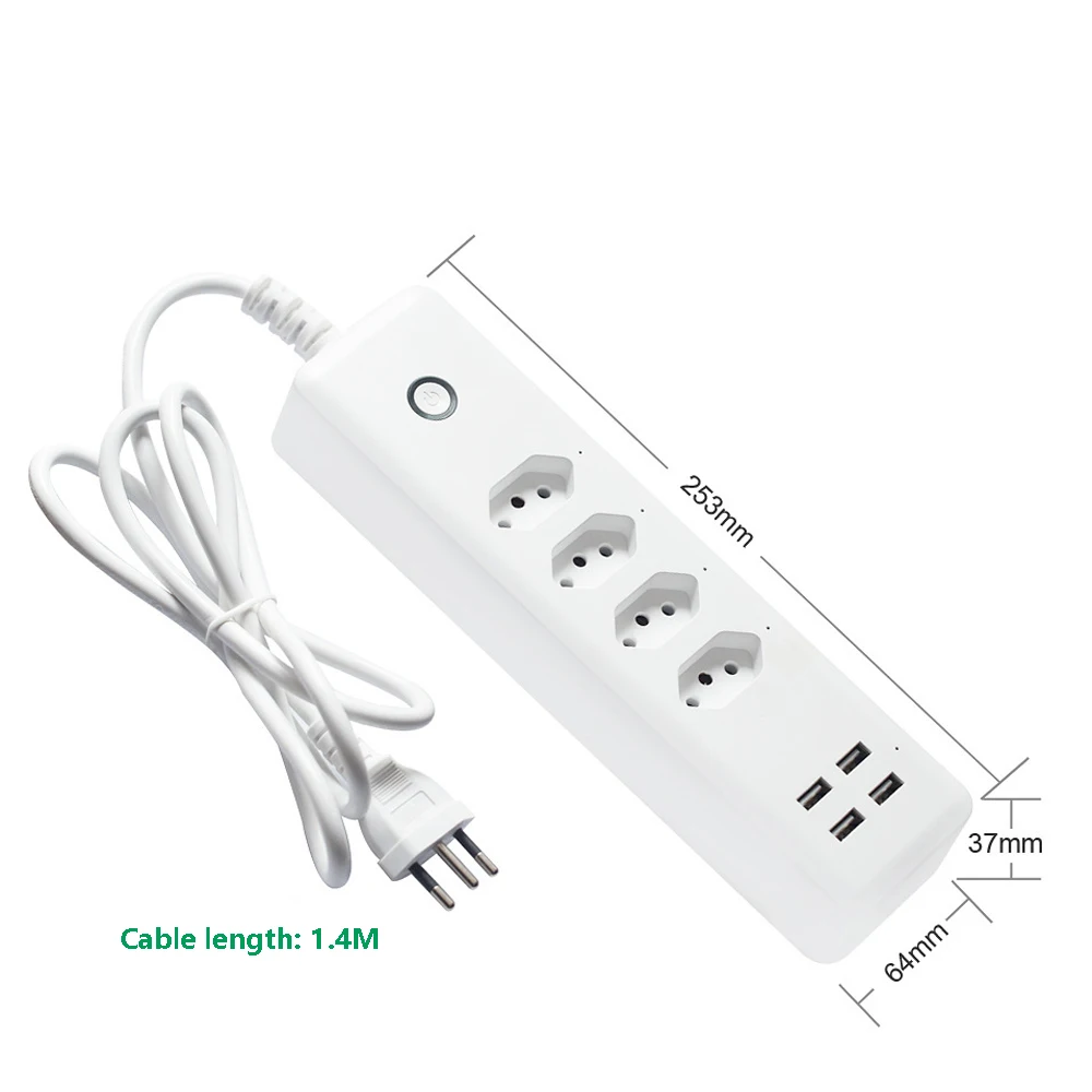 WiFi Smart Power Strip Brazil Plug 4 Outlets 4 USB Ports Outlets Work with Alexa Google Home Tuya Remote Control Power Strip