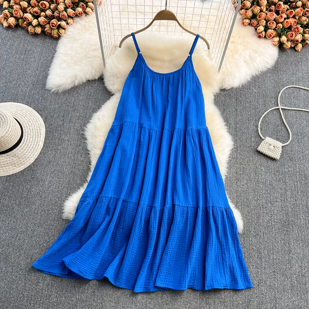 

Clothland Women Elegant Blue Cami Dress Adjustable Strap Sleeveless Backless Straight Female Midi Dresses Vestido QB252