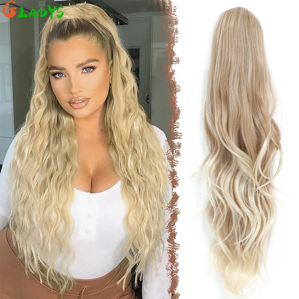 

28 Inch Drawstring Ponytail Synthetic Hair Extensions For Black Women Wavy Clip-in High Temperature Blonde Color PonyTail Hair