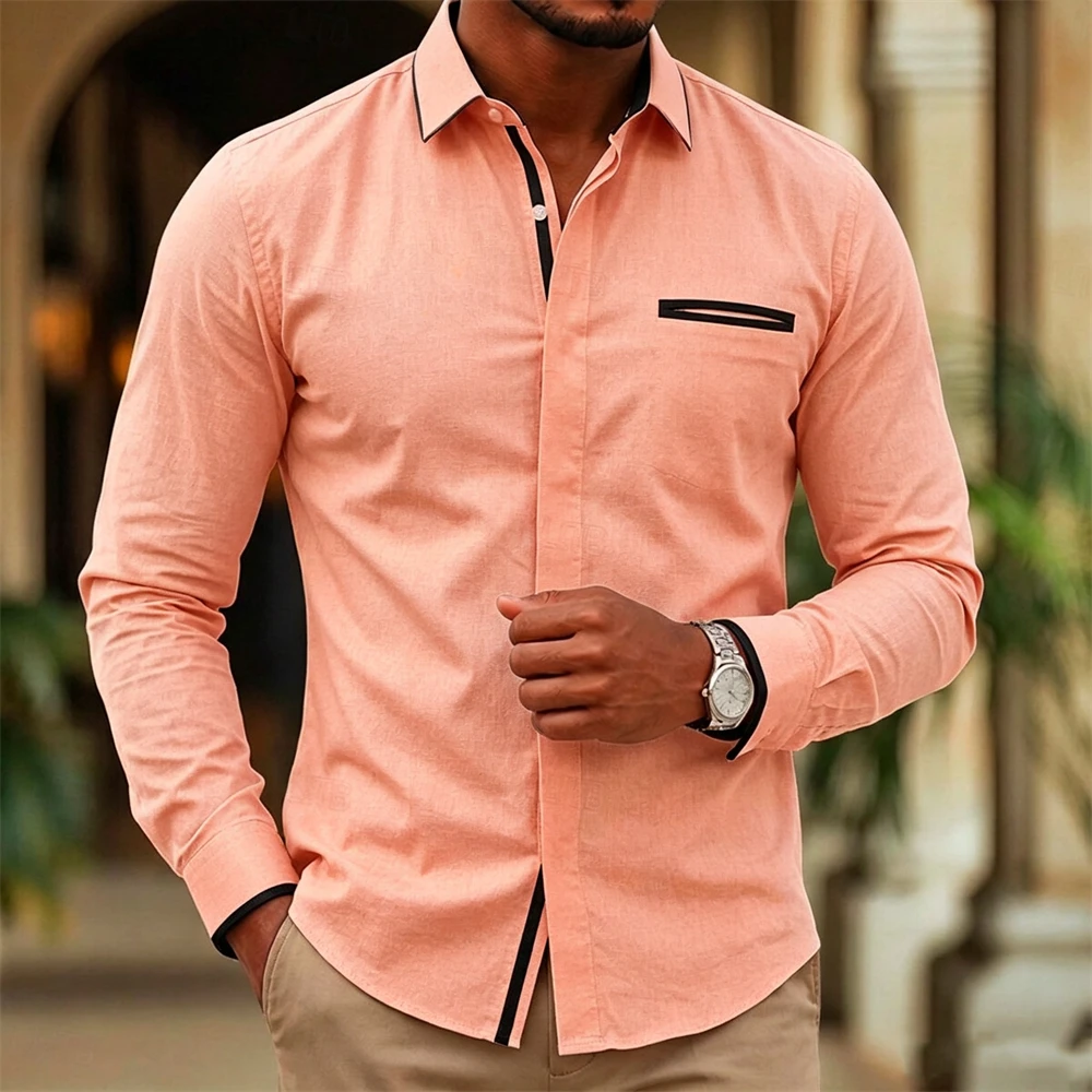 Men's Slim Fit Dress Shirt Contrast Black PipingLong SleeveTurn Down Collar Pocket Decor Business Casual Formal Shirts For Tops