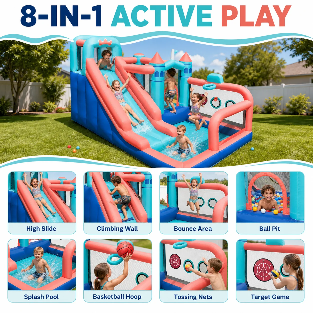 Inflatable Water Slide Bounce House for Kids 8-in-1 with Climbing Wall Splash Pool Basketball Hoop Target Games Backyard