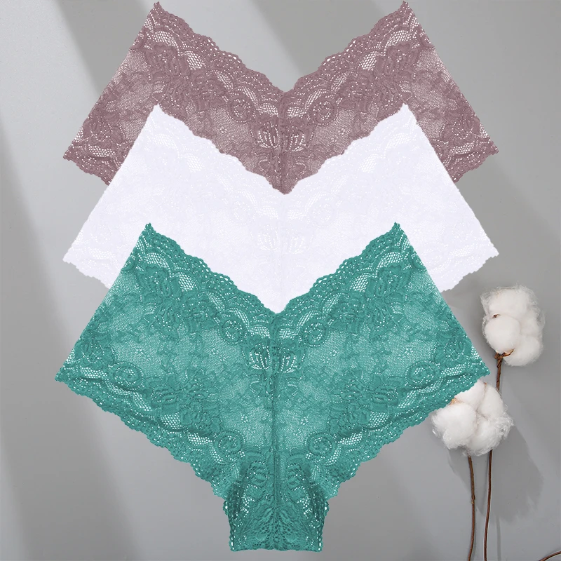 3 teile/satz Frauen sexy Spitze Höschen solide Blumen Perspektive niedrige Taille weibliche Unterwäsche Boxer atmungsaktive weiche intime Dessous